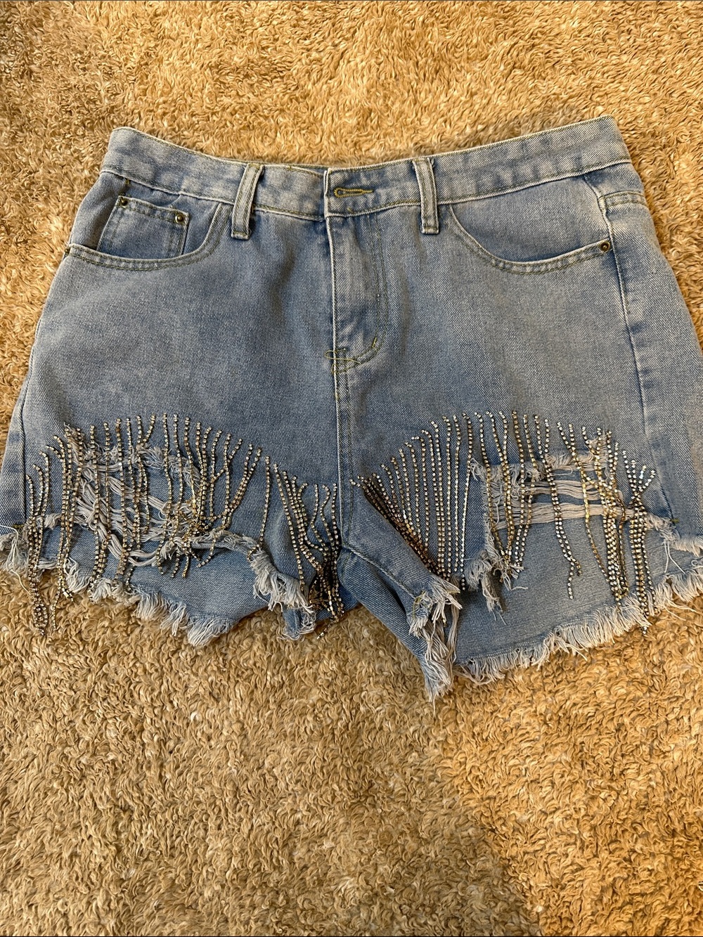 Rhinestone Fringe Light Blue Denim Shorts